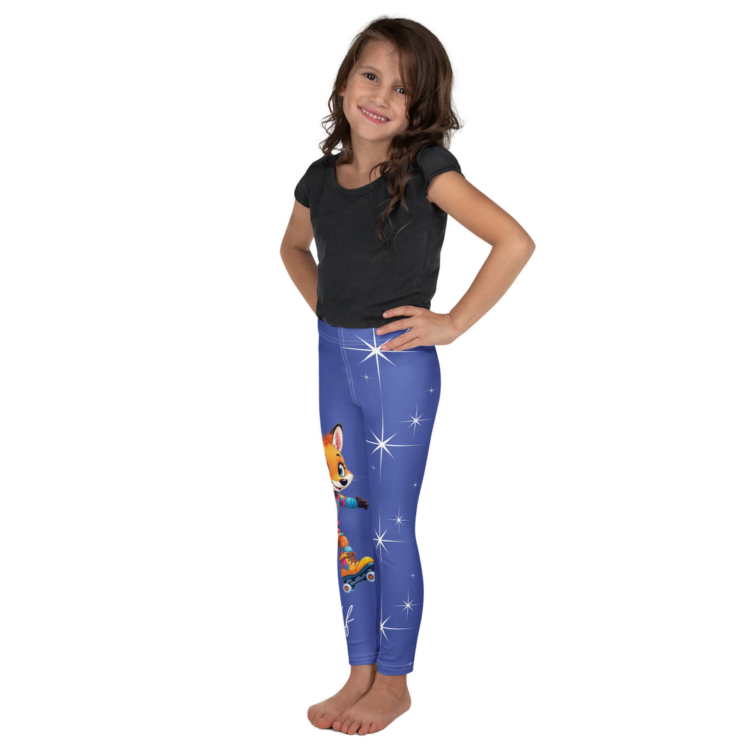 Starlight Fox Girls Leggings, dark blue background with a fox wearing blue, pink, and yellow sporty outfit on roller skates on one leg, and large sparkling white stars with small matching stars running down the other leg, left side view on model