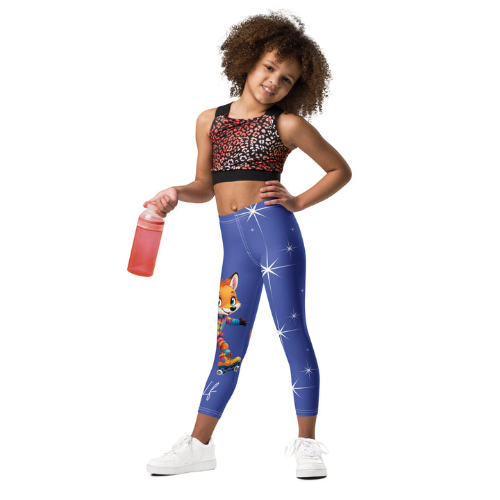  Starlight Fox Girls Leggings, dark blue background with a fox wearing blue, pink, and yellow sporty outfit on roller skates on one leg, and large sparkling white stars with small matching stars running down the other leg, relaxed front pose on model