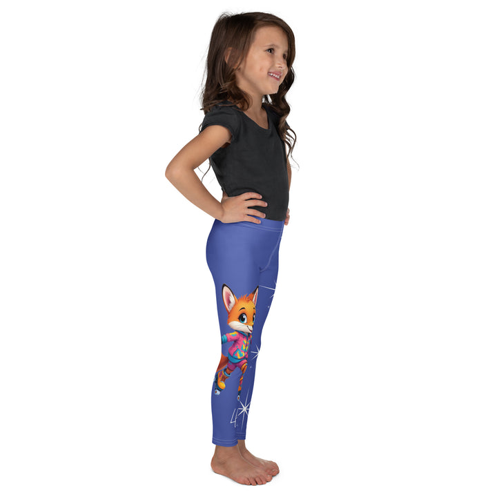 Starlight Fox Girls Leggings, dark blue background with a fox wearing blue, pink, and yellow sporty outfit on roller skates on one leg, and large sparkling white stars with small matching stars running down the other leg, right side view on model