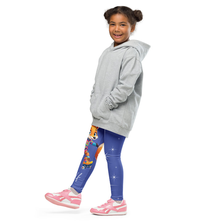  Starlight Fox Girls Leggings, dark blue background with a fox wearing blue, pink, and yellow sporty outfit on roller skates on one leg, and large sparkling white stars with small matching stars running down the other leg, side view with one leg lifted and extended on model
