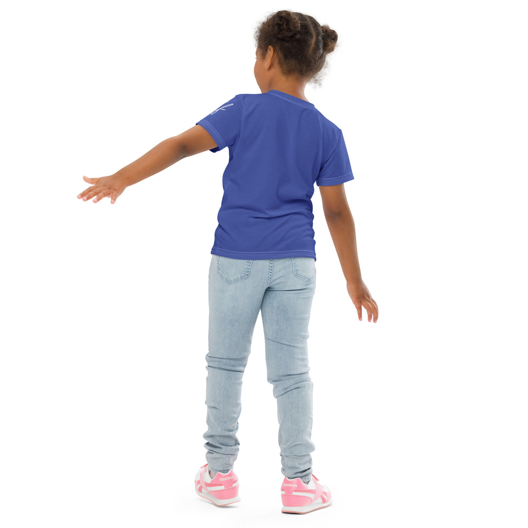 Starlight Fox Girls T-shirt, dark blue background with a fox on roller skates wearing a blue, pink, and yellow sporty outfit on the front, surrounded by large sparkling white stars and small matching stars, back angle with relaxed pose on model