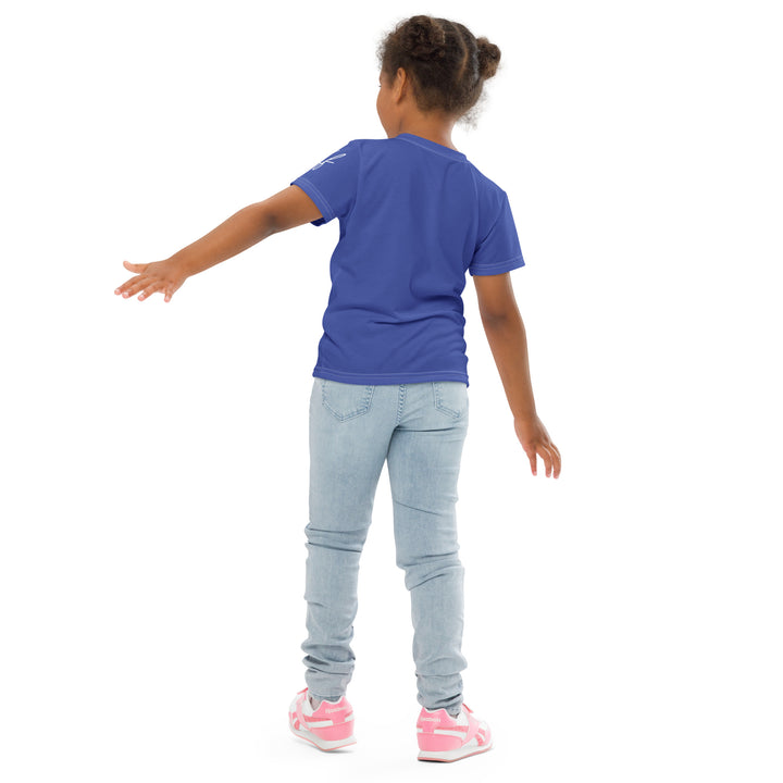 Starlight Fox Girls T-shirt, dark blue background with a fox on roller skates wearing a blue, pink, and yellow sporty outfit on the front, surrounded by large sparkling white stars and small matching stars, back angle with relaxed pose on model