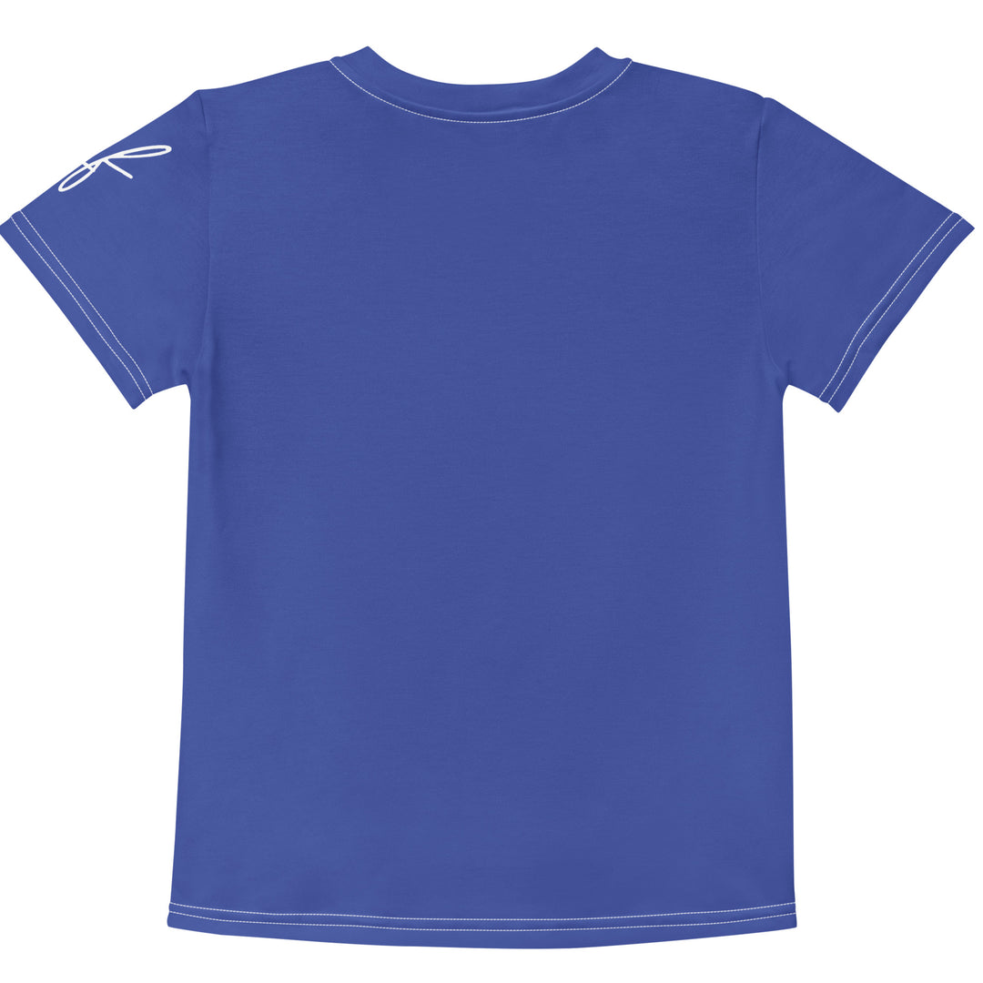 Starlight Fox Girls T-shirt, dark blue background with a fox on roller skates wearing a blue, pink, and yellow sporty outfit on the front, surrounded by large sparkling white stars and small matching stars, back view