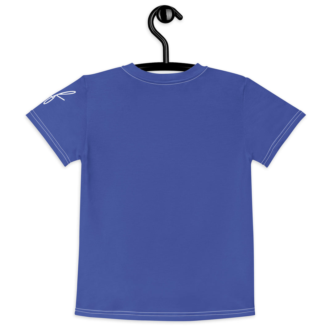 Starlight Fox Girls T-shirt, dark blue background with a fox on roller skates wearing a blue, pink, and yellow sporty outfit on the front, surrounded by large sparkling white stars and small matching stars, back view on hanger