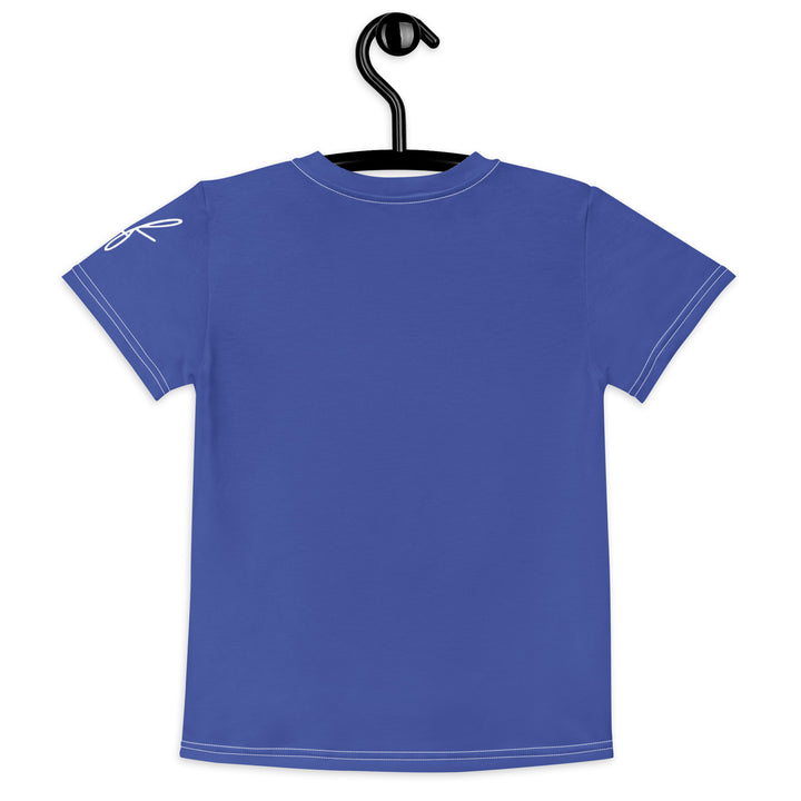 Starlight Fox Girls T-shirt, dark blue background with a fox on roller skates wearing a blue, pink, and yellow sporty outfit on the front, surrounded by large sparkling white stars and small matching stars, back view on hanger