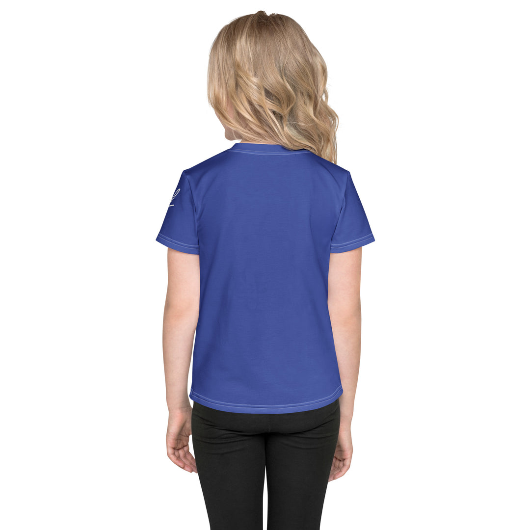 Starlight Fox Girls T-shirt, dark blue background with a fox on roller skates wearing a blue, pink, and yellow sporty outfit on the front, surrounded by large sparkling white stars and small matching stars, back view on model