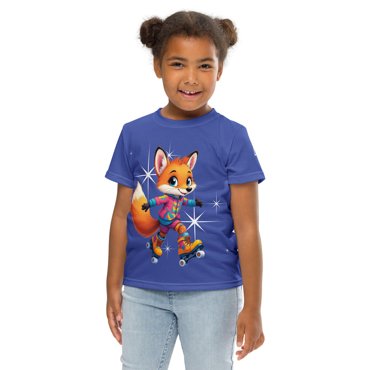 Starlight Fox Girls T-shirt, dark blue background with a fox on roller skates wearing a blue, pink, and yellow sporty outfit on the front, surrounded by large sparkling white stars and small matching stars, front pose with arms at sides on model