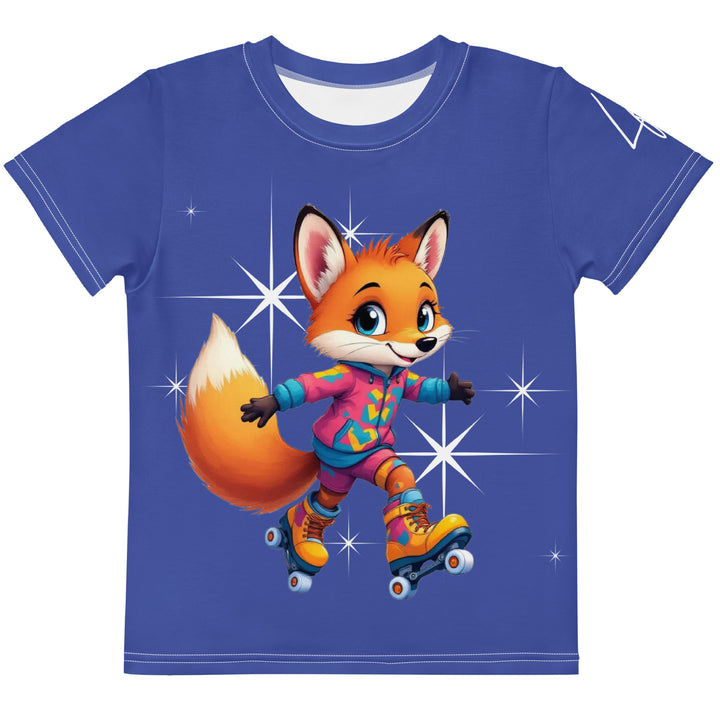  Starlight Fox Girls T-shirt, dark blue background with a fox on roller skates wearing a blue, pink, and yellow sporty outfit on the front, surrounded by large sparkling white stars and small matching stars, front view