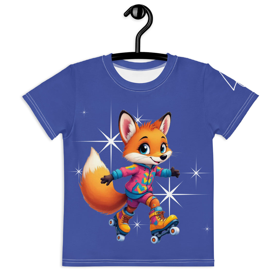 Starlight Fox Girls T-shirt, dark blue background with a fox on roller skates wearing a blue, pink, and yellow sporty outfit on the front, surrounded by large sparkling white stars and small matching stars, front view on hanger