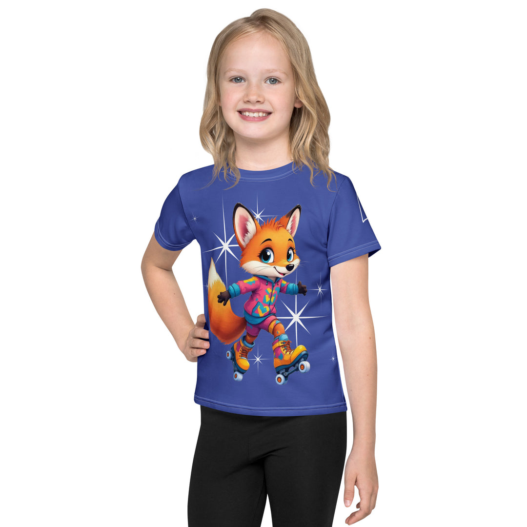 Starlight Fox Girls T-shirt, dark blue background with a fox on roller skates wearing a blue, pink, and yellow sporty outfit on the front, surrounded by large sparkling white stars and small matching stars, front view on model