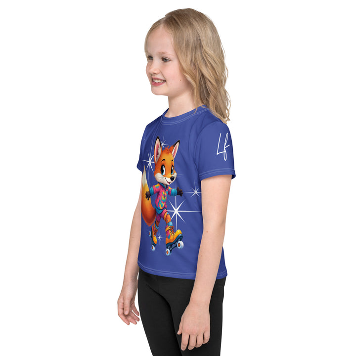 Starlight Fox Girls T-shirt, dark blue background with a fox on roller skates wearing a blue, pink, and yellow sporty outfit on the front, surrounded by large sparkling white stars and small matching stars, left side view on model