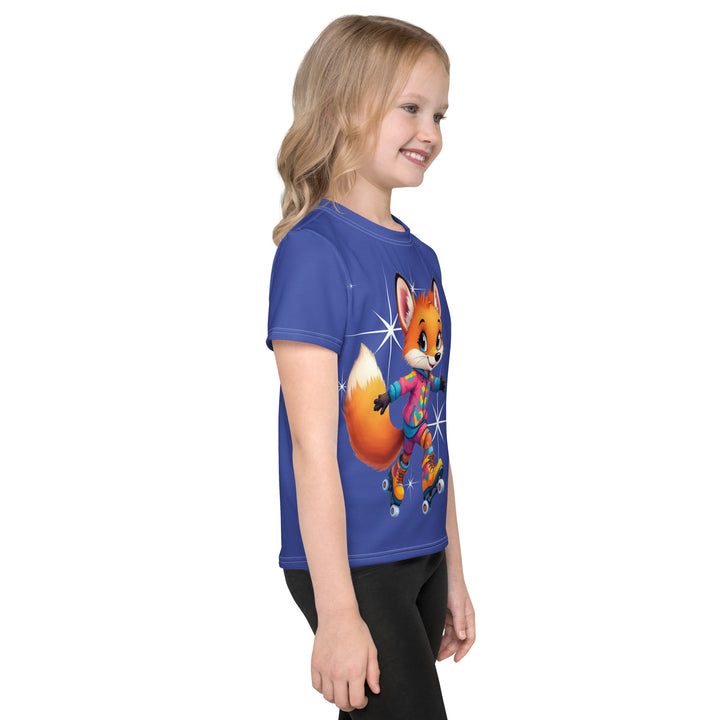 Starlight Fox Girls T-shirt, dark blue background with a fox on roller skates wearing a blue, pink, and yellow sporty outfit on the front, surrounded by large sparkling white stars and small matching stars, right side view on model
