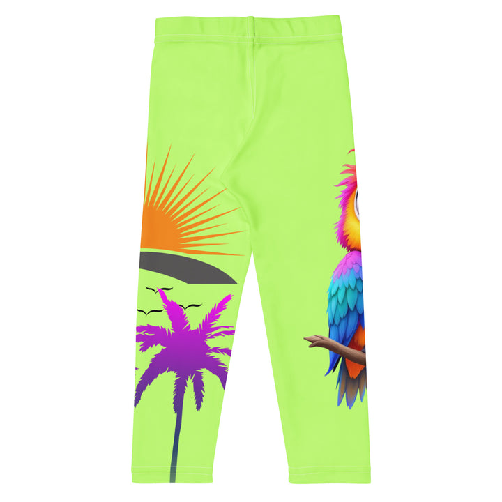 Sunset Parrot Girls Leggings, neon green background with an orange, blue, and purple parrot standing on a branch on one leg, and an orange sunset with flying birds and a purple palm tree on the other leg, back view