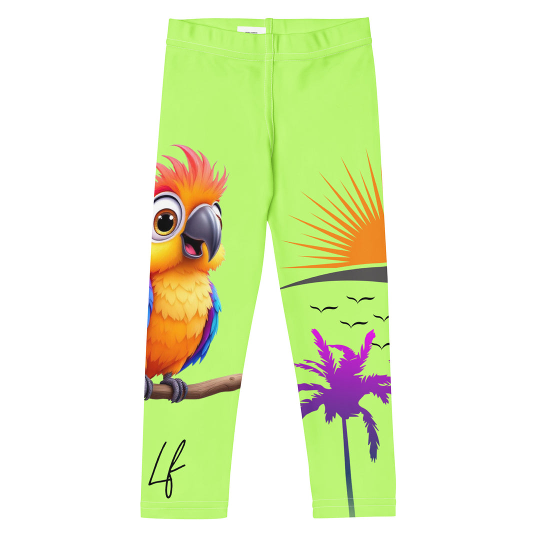  Sunset Parrot Girls Leggings, neon green background with an orange, blue, and purple parrot standing on a branch on one leg, and an orange sunset with flying birds and a purple palm tree on the other leg, front view