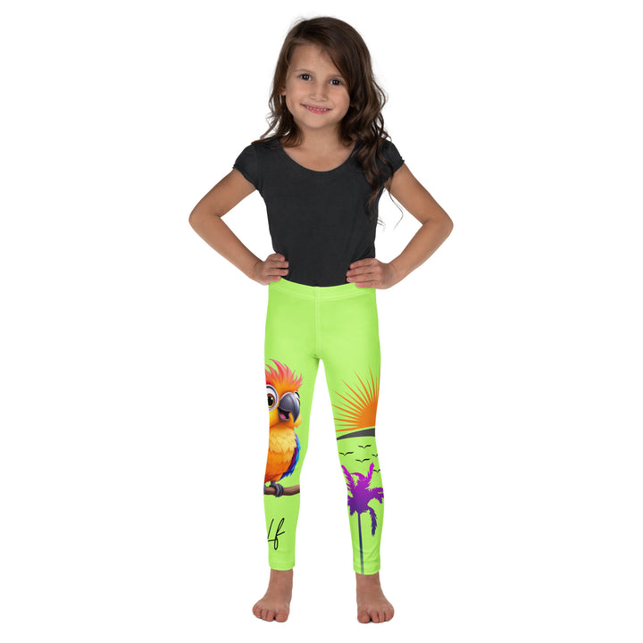 Sunset Parrot Girls Leggings, neon green background with an orange, blue, and purple parrot standing on a branch on one leg, and an orange sunset with flying birds and a purple palm tree on the other leg, front view on model