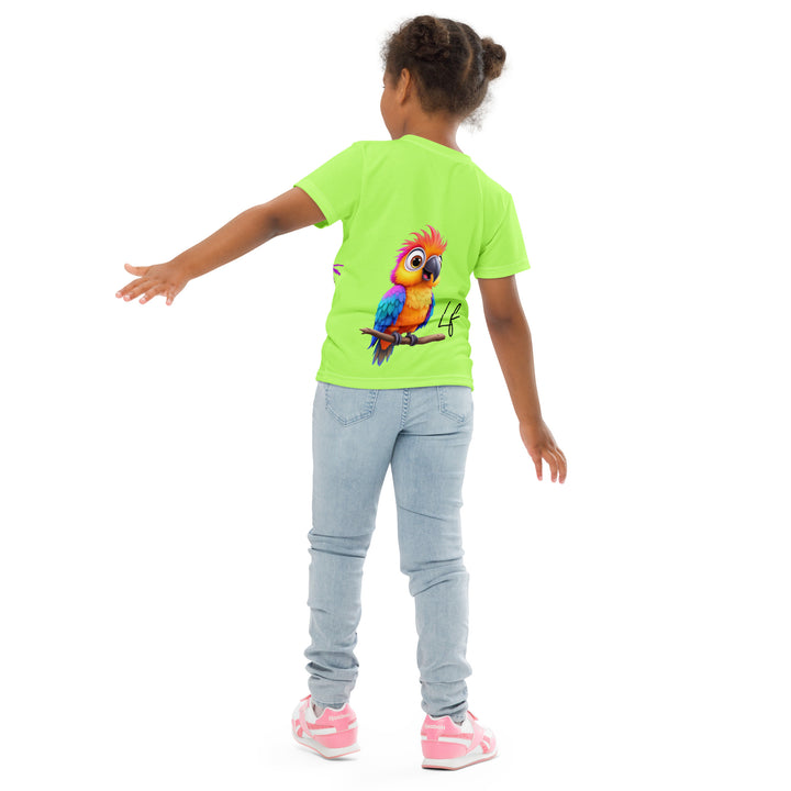  Sunset Parrot Girls T-shirt, neon green background with an orange sunset, flying birds, and three purple palm trees on the front, and an orange, purple, and blue parrot standing on a branch on the back, back pose on model
