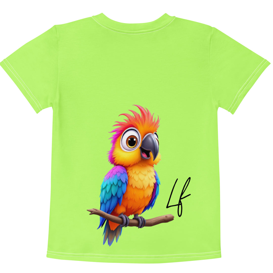 Sunset Parrot Girls T-shirt, neon green background with an orange sunset, flying birds, and three purple palm trees on the front, and an orange, purple, and blue parrot standing on a branch on the back, back view