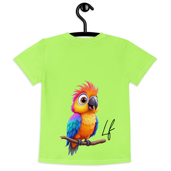 Sunset Parrot Girls T-shirt, neon green background with an orange sunset, flying birds, and three purple palm trees on the front, and an orange, purple, and blue parrot standing on a branch on the back, back view on hanger