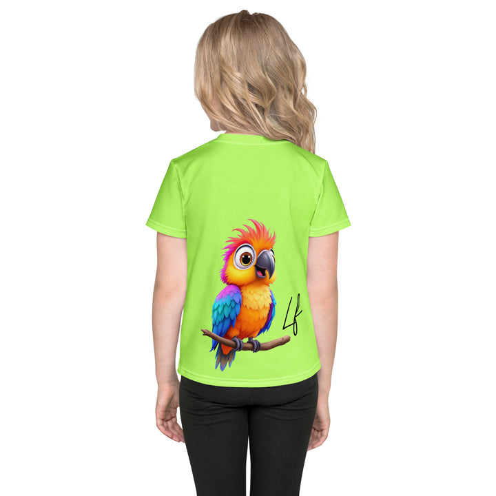  Sunset Parrot Girls T-shirt, neon green background with an orange sunset, flying birds, and three purple palm trees on the front, and an orange, purple, and blue parrot standing on a branch on the back, back view on model
