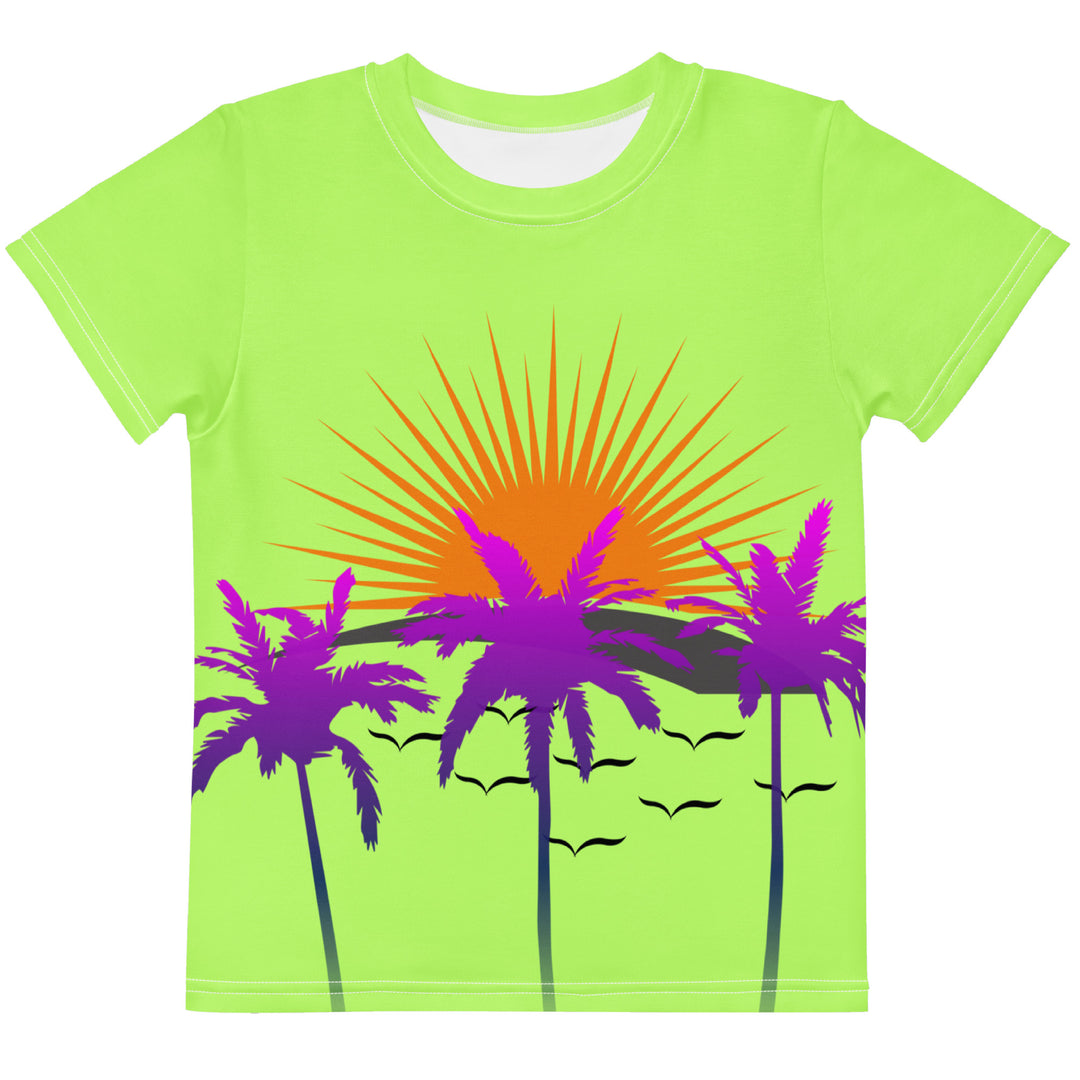 Sunset Parrot Girls T-shirt, neon green background with an orange sunset, flying birds, and three purple palm trees on the front, and an orange, purple, and blue parrot standing on a branch on the back, front view