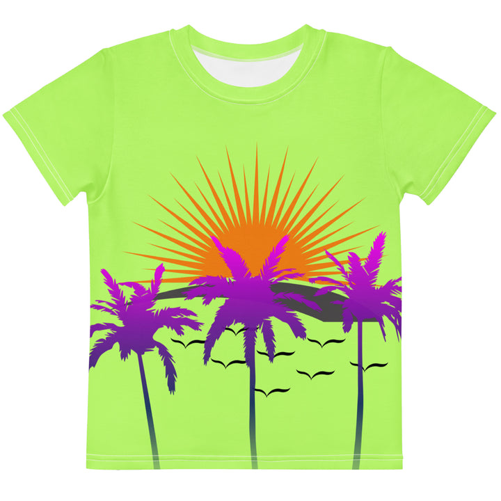 Sunset Parrot Girls T-shirt, neon green background with an orange sunset, flying birds, and three purple palm trees on the front, and an orange, purple, and blue parrot standing on a branch on the back, front view