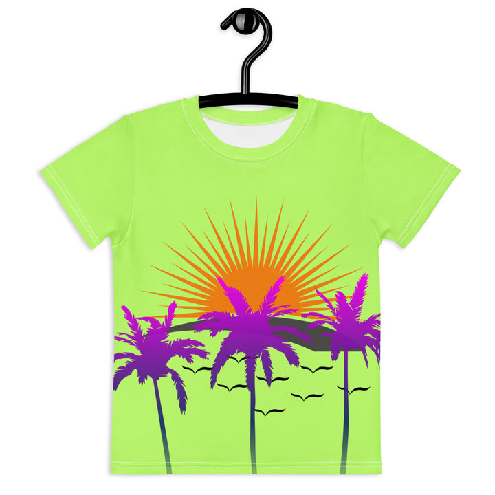 Sunset Parrot Girls T-shirt, neon green background with an orange sunset, flying birds, and three purple palm trees on the front, and an orange, purple, and blue parrot standing on a branch on the back, front view on hanger