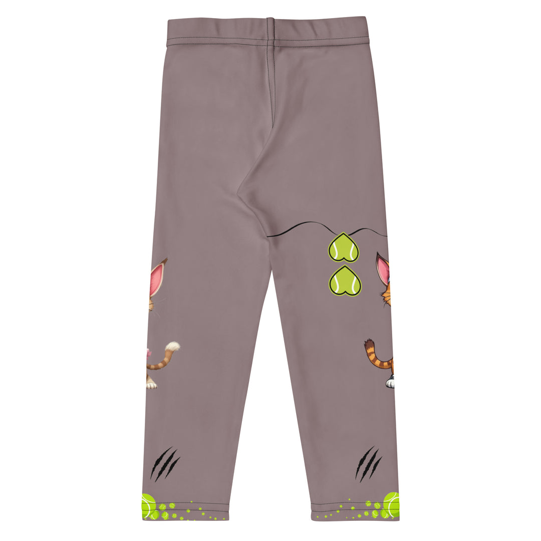 Tennis Kittens Girls Leggings, dark gray background with a cat holding a tennis racket on one leg and a kitten with a tennis racket on the other leg, each racket with a tennis ball as if playing, dressed in sporty outfits, with neon green tennis balls, hearts, and "love" text, back view
