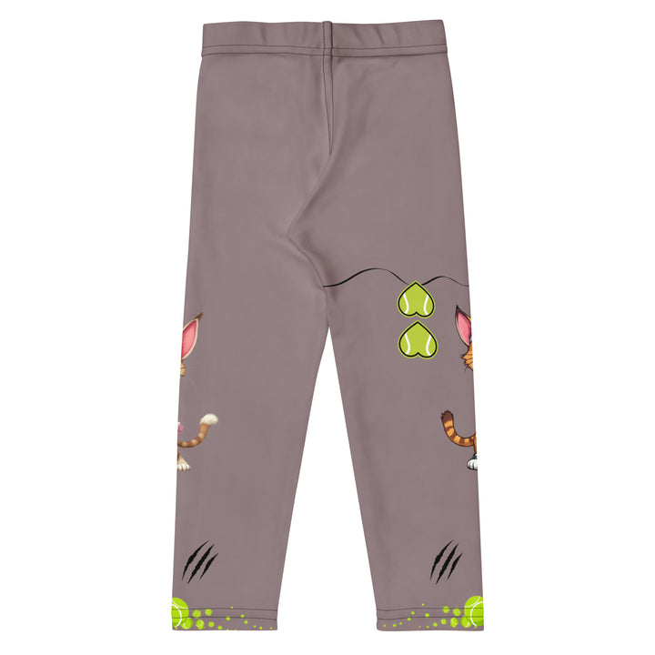 Tennis Kittens Girls Leggings, dark gray background with a cat holding a tennis racket on one leg and a kitten with a tennis racket on the other leg, each racket with a tennis ball as if playing, dressed in sporty outfits, with neon green tennis balls, hearts, and "love" text, back view