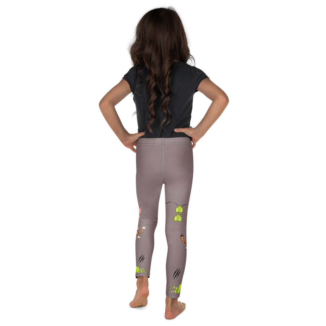 Tennis Kittens Girls Leggings, dark gray background with a cat holding a tennis racket on one leg and a kitten with a tennis racket on the other leg, each racket with a tennis ball as if playing, dressed in sporty outfits, with neon green tennis balls, hearts, and "love" text, back view on model