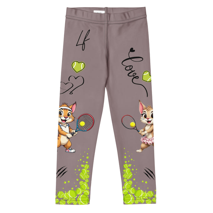 Tennis Kittens Girls Leggings, dark gray background with a cat holding a tennis racket on one leg and a kitten with a tennis racket on the other leg, each racket with a tennis ball as if playing, dressed in sporty outfits, with neon green tennis balls, hearts, and "love" text, front view