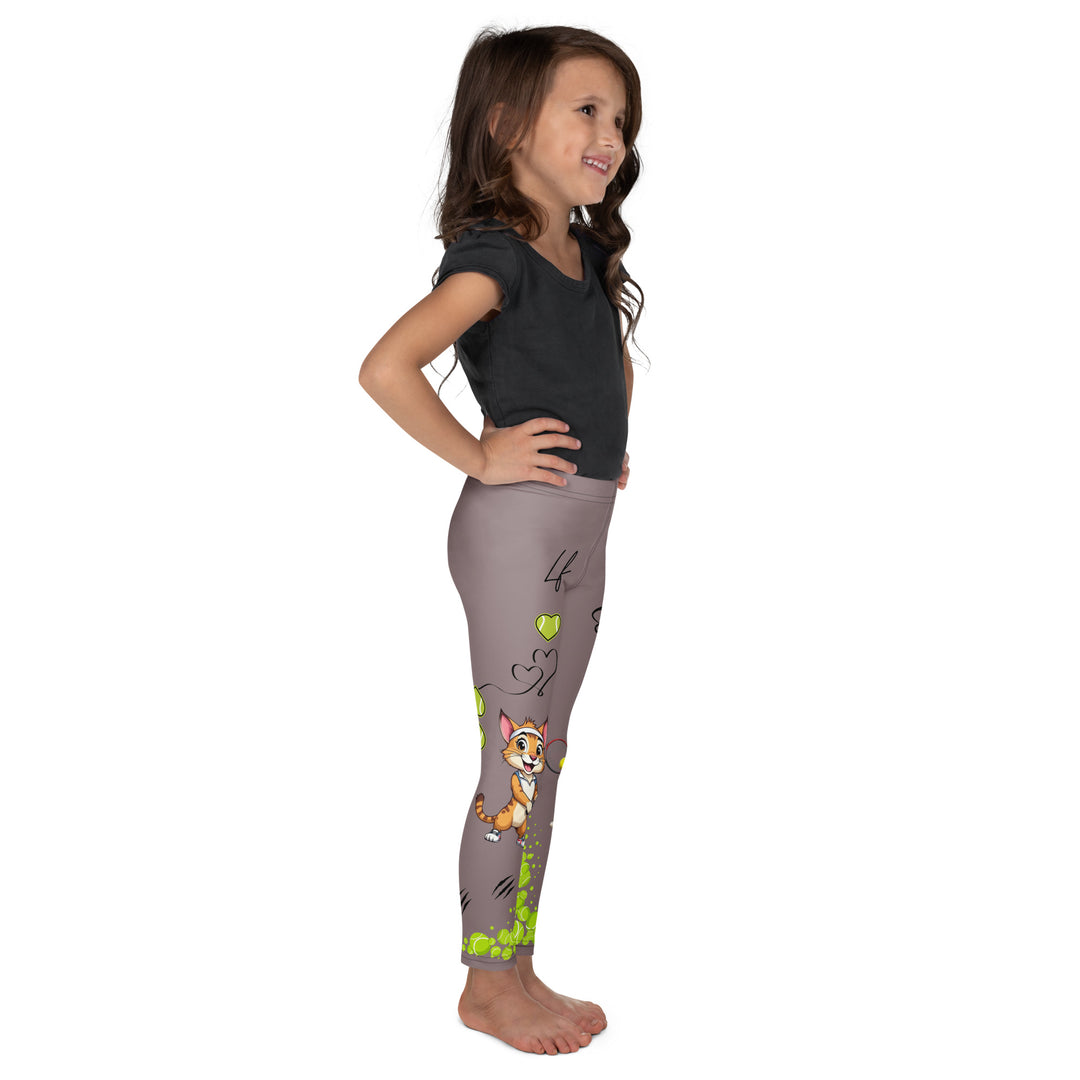  Tennis Kittens Girls Leggings, dark gray background with a cat holding a tennis racket on one leg and a kitten with a tennis racket on the other leg, each racket with a tennis ball as if playing, dressed in sporty outfits, with neon green tennis balls, hearts, and "love" text, right side view on model