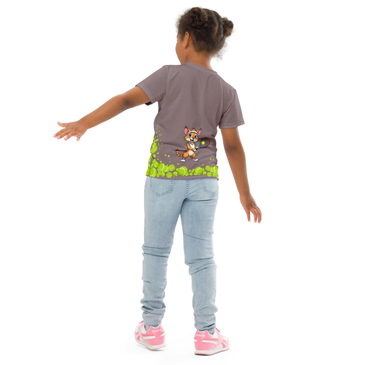 Tennis Kittens Girls T-shirt, dark gray background with a sporty dressed female cat holding a tennis racket on the front with "love" text and neon green heart above, and a sporty dressed male cat holding a tennis racket on the back with neon green tennis balls at the bottom, back angle with relaxed pose on model