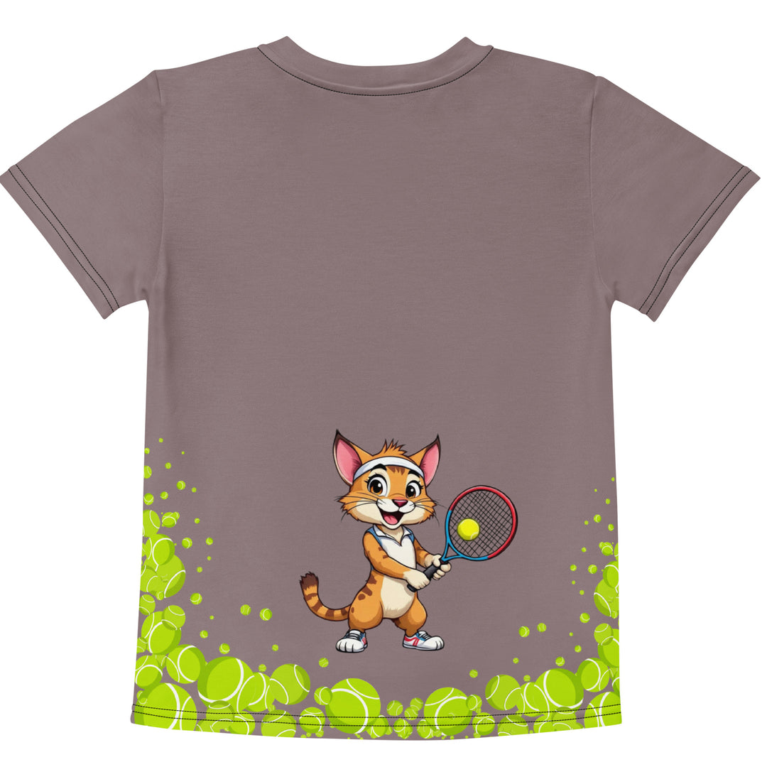  Tennis Kittens Girls T-shirt, dark gray background with a sporty dressed female cat holding a tennis racket on the front with "love" text and neon green heart above, and a sporty dressed male cat holding a tennis racket on the back with neon green tennis balls at the bottom, back view