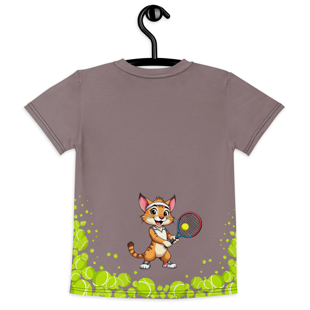 Tennis Kittens Girls T-shirt, dark gray background with a sporty dressed female cat holding a tennis racket on the front with "love" text and neon green heart above, and a sporty dressed male cat holding a tennis racket on the back with neon green tennis balls at the bottom, back view on hanger
