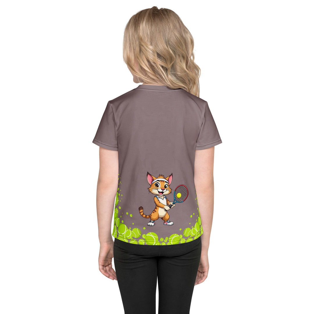 Tennis Kittens Girls T-shirt, dark gray background with a sporty dressed female cat holding a tennis racket on the front with "love" text and neon green heart above, and a sporty dressed male cat holding a tennis racket on the back with neon green tennis balls at the bottom, back view on model
