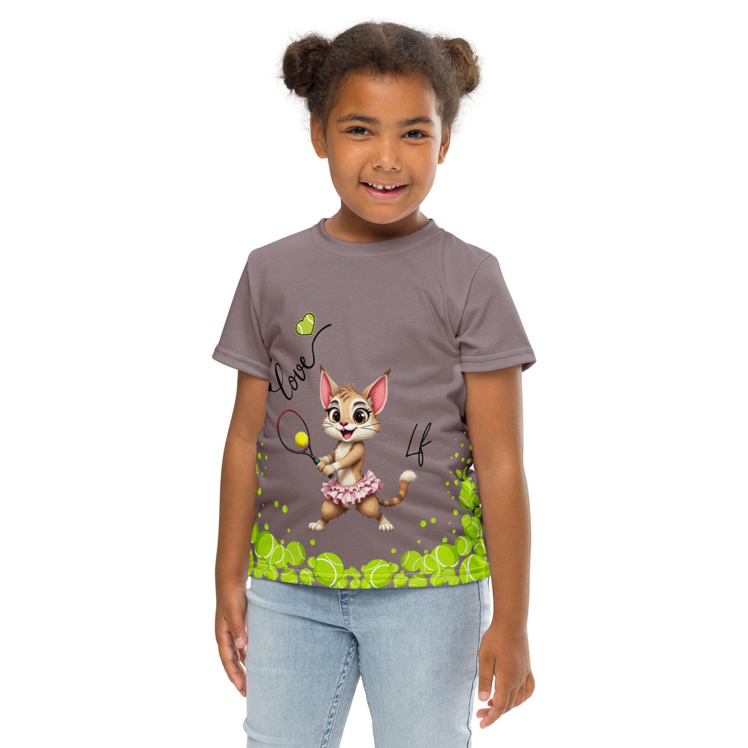  Tennis Kittens Girls T-shirt, dark gray background with a sporty dressed female cat holding a tennis racket on the front with "love" text and neon green heart above, and a sporty dressed male cat holding a tennis racket on the back with neon green tennis balls at the bottom, front pose with arms at sides on model