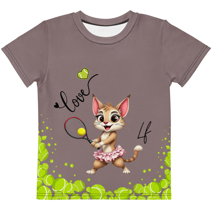 Tennis Kittens Girls T-shirt, dark gray background with a sporty dressed female cat holding a tennis racket on the front with "love" text and neon green heart above, and a sporty dressed male cat holding a tennis racket on the back with neon green tennis balls at the bottom, front view