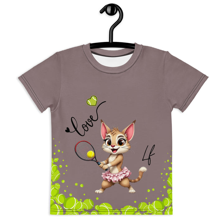 Tennis Kittens Girls T-shirt, dark gray background with a sporty dressed female cat holding a tennis racket on the front with "love" text and neon green heart above, and a sporty dressed male cat holding a tennis racket on the back with neon green tennis balls at the bottom, front view on hanger