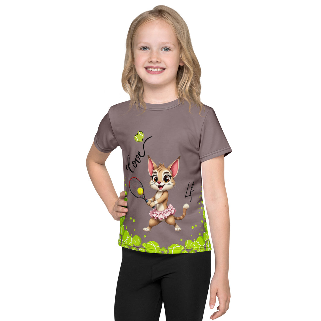 Tennis Kittens Girls T-shirt, dark gray background with a sporty dressed female cat holding a tennis racket on the front with "love" text and neon green heart above, and a sporty dressed male cat holding a tennis racket on the back with neon green tennis balls at the bottom, front view on model