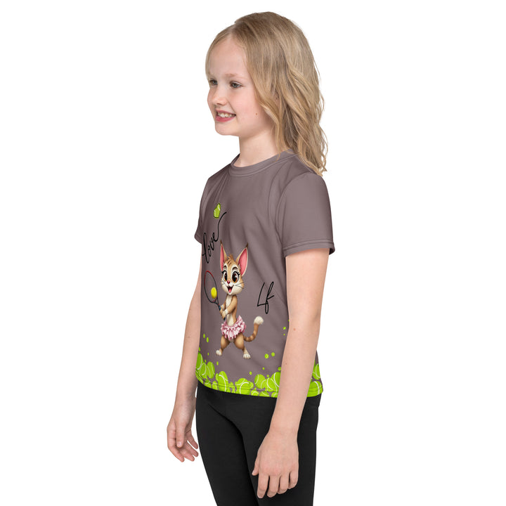 Tennis Kittens Girls T-shirt, dark gray background with a sporty dressed female cat holding a tennis racket on the front with "love" text and neon green heart above, and a sporty dressed male cat holding a tennis racket on the back with neon green tennis balls at the bottom, left side view on model
