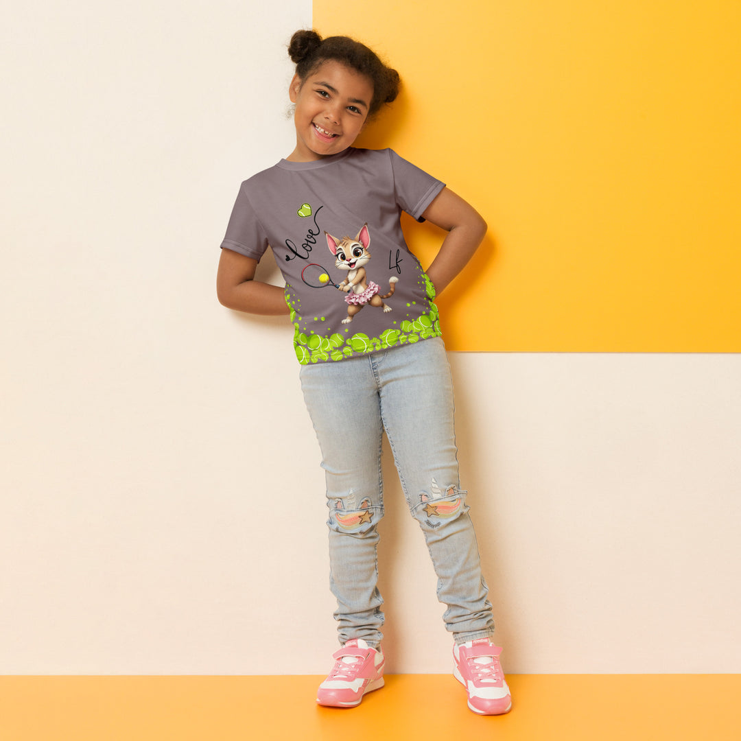 Tennis Kittens Girls T-shirt, dark gray background with a sporty dressed female cat holding a tennis racket on the front with "love" text and neon green heart above, and a sporty dressed male cat holding a tennis racket on the back with neon green tennis balls at the bottom, relaxed front pose on model