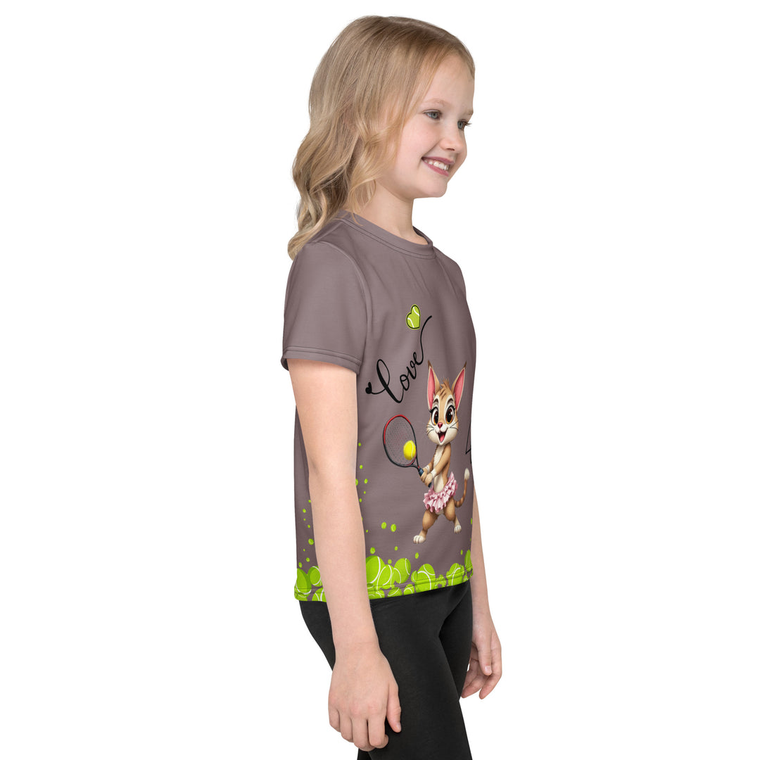  Tennis Kittens Girls T-shirt, dark gray background with a sporty dressed female cat holding a tennis racket on the front with "love" text and neon green heart above, and a sporty dressed male cat holding a tennis racket on the back with neon green tennis balls at the bottom, right side view on model
