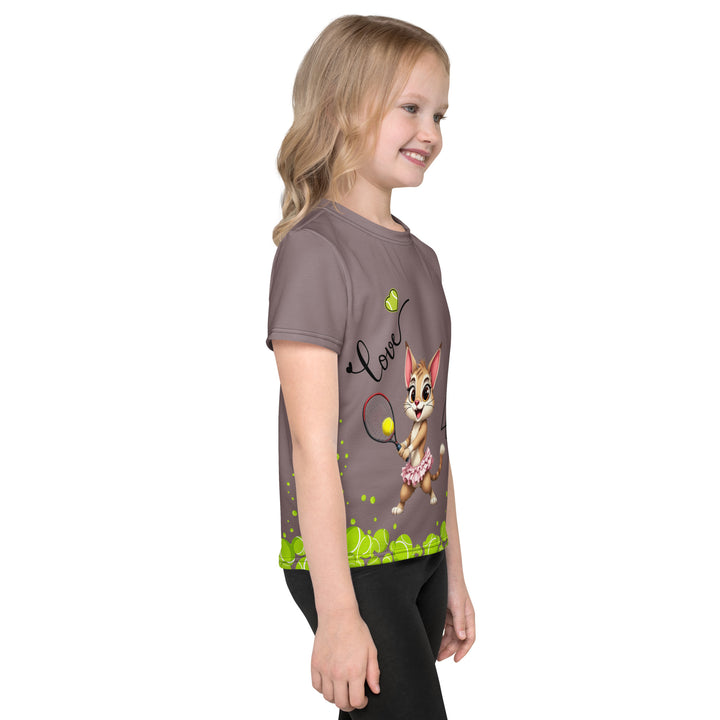  Tennis Kittens Girls T-shirt, dark gray background with a sporty dressed female cat holding a tennis racket on the front with "love" text and neon green heart above, and a sporty dressed male cat holding a tennis racket on the back with neon green tennis balls at the bottom, right side view on model