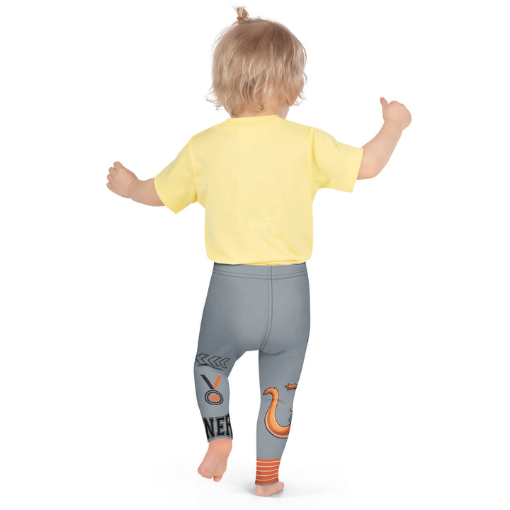  Track Runner Kangaroo Girls Leggings, dark gray background with a sporty kangaroo running on an orange track on one leg, "get ready" text in black and orange above, and an orange and black medal with "runner" text in the lower corner on the other leg, back pose on model