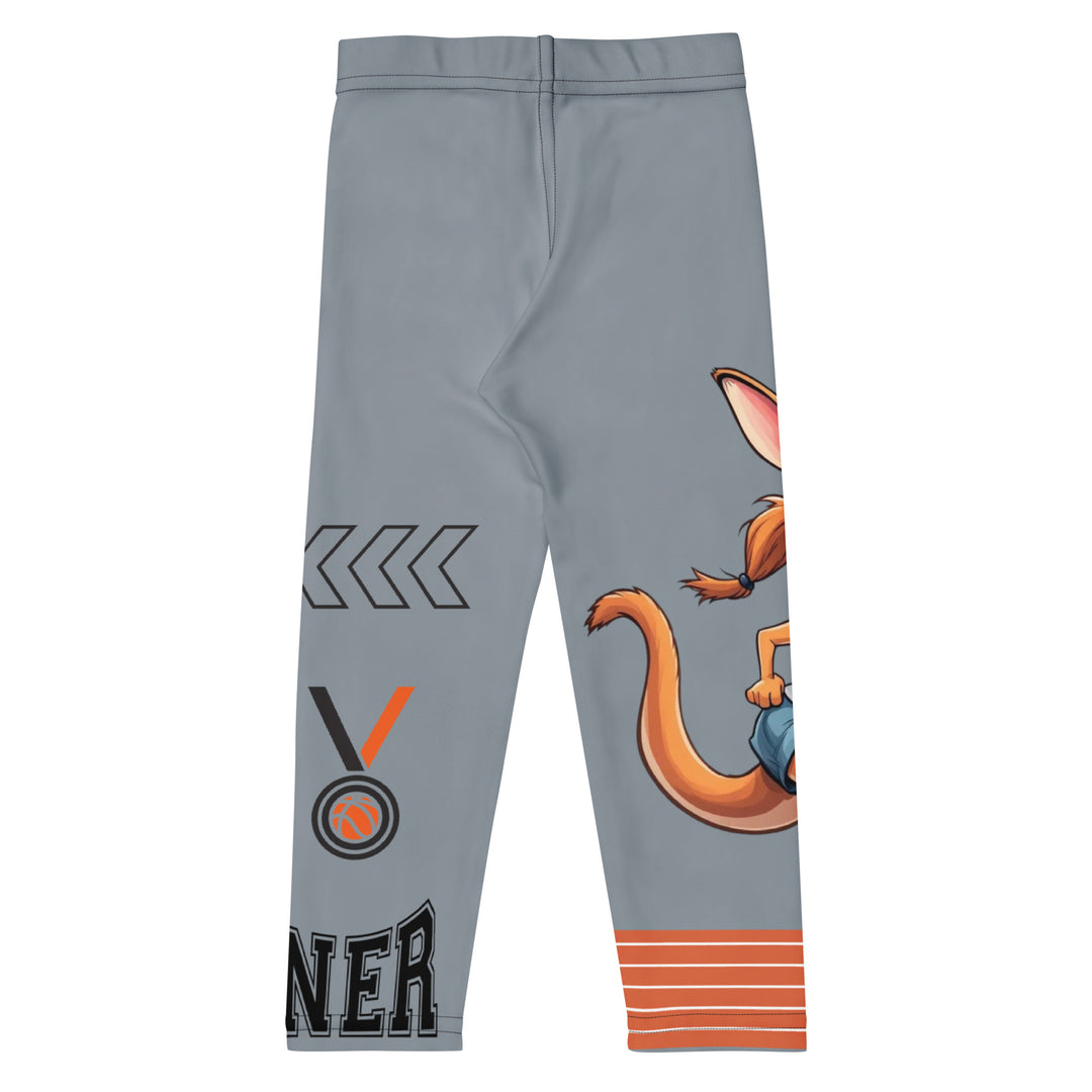  Track Runner Kangaroo Girls Leggings, dark gray background with a sporty kangaroo running on an orange track on one leg, "get ready" text in black and orange above, and an orange and black medal with "runner" text in the lower corner on the other leg, back view