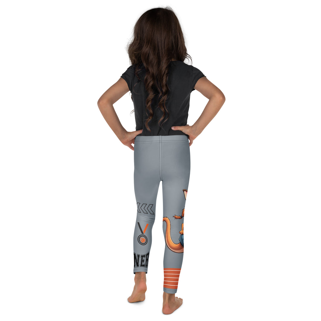 Track Runner Kangaroo Girls Leggings, dark gray background with a sporty kangaroo running on an orange track on one leg, "get ready" text in black and orange above, and an orange and black medal with "runner" text in the lower corner on the other leg, back view on model