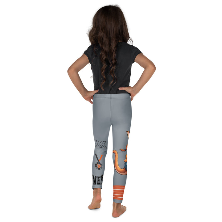 Track Runner Kangaroo Girls Leggings, dark gray background with a sporty kangaroo running on an orange track on one leg, "get ready" text in black and orange above, and an orange and black medal with "runner" text in the lower corner on the other leg, back view on model