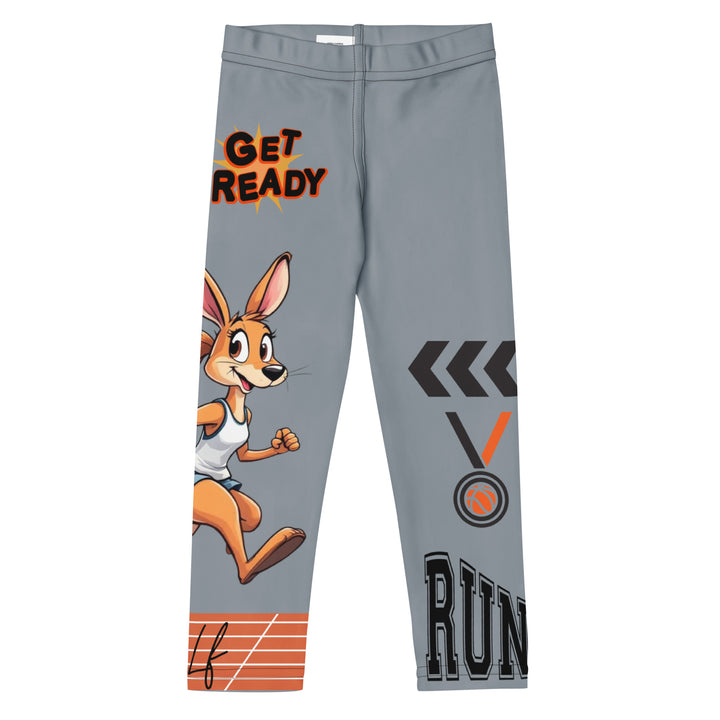  Track Runner Kangaroo Girls Leggings, dark gray background with a sporty kangaroo running on an orange track on one leg, "get ready" text in black and orange above, and an orange and black medal with "runner" text in the lower corner on the other leg, front view