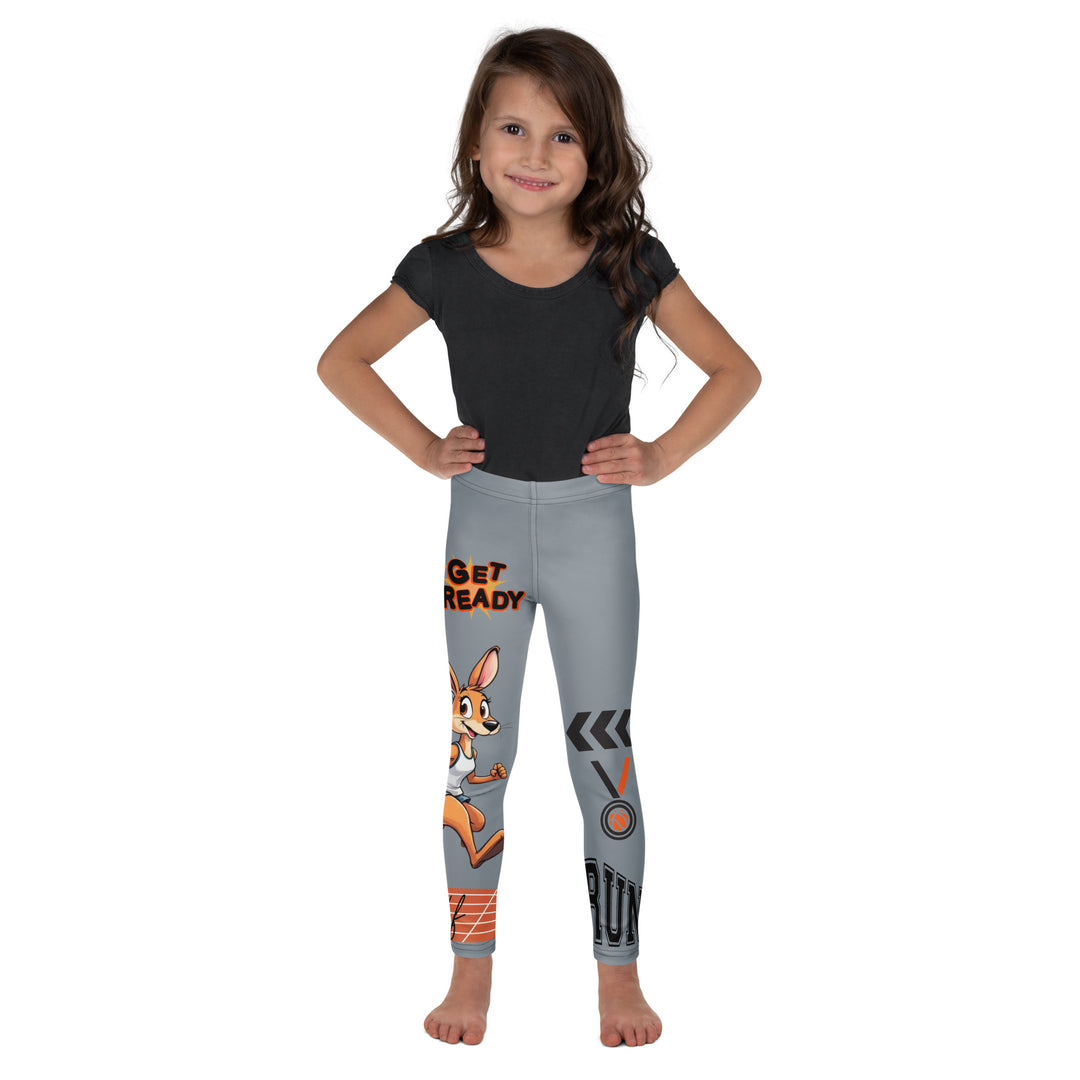 Track Runner Kangaroo Girls Leggings, dark gray background with a sporty kangaroo running on an orange track on one leg, "get ready" text in black and orange above, and an orange and black medal with "runner" text in the lower corner on the other leg, front view on model