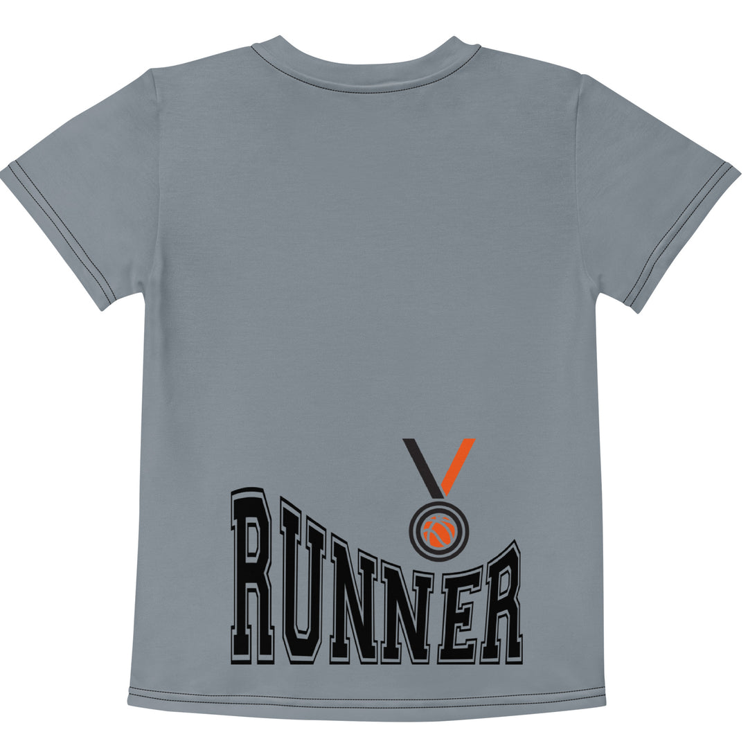 Track Runner Kangaroo Girls T-shirt, dark gray background with an orange sporty kangaroo running on an orange track on the front, and "RUNNER" text in black stitching with an orange and black medal at the bottom on the back, back view